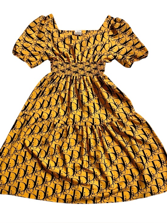 Dior Dresses & Skirts - Midi length dress square neck line, mustard yellow & black Dior print fabric